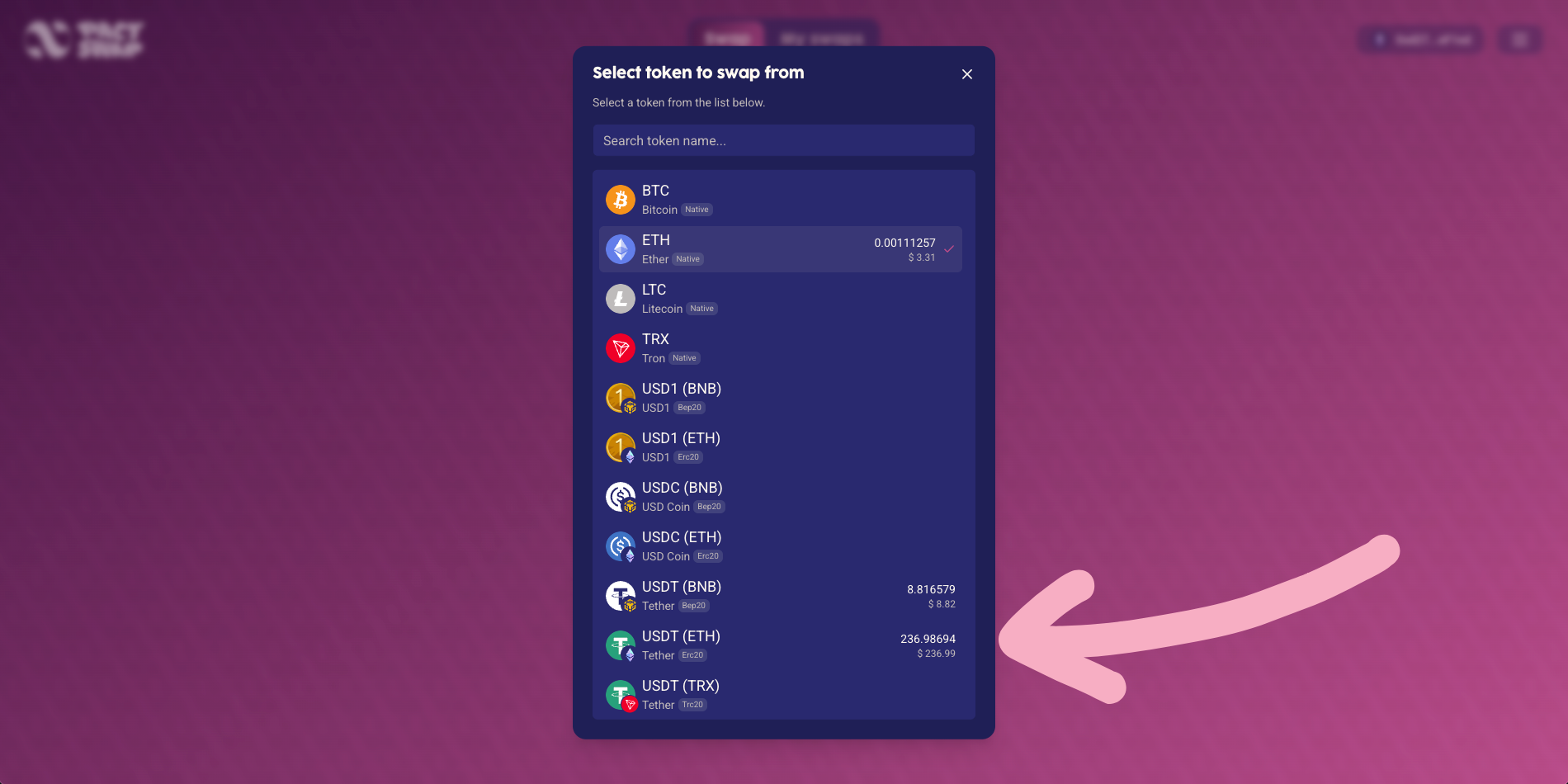 Select token from list