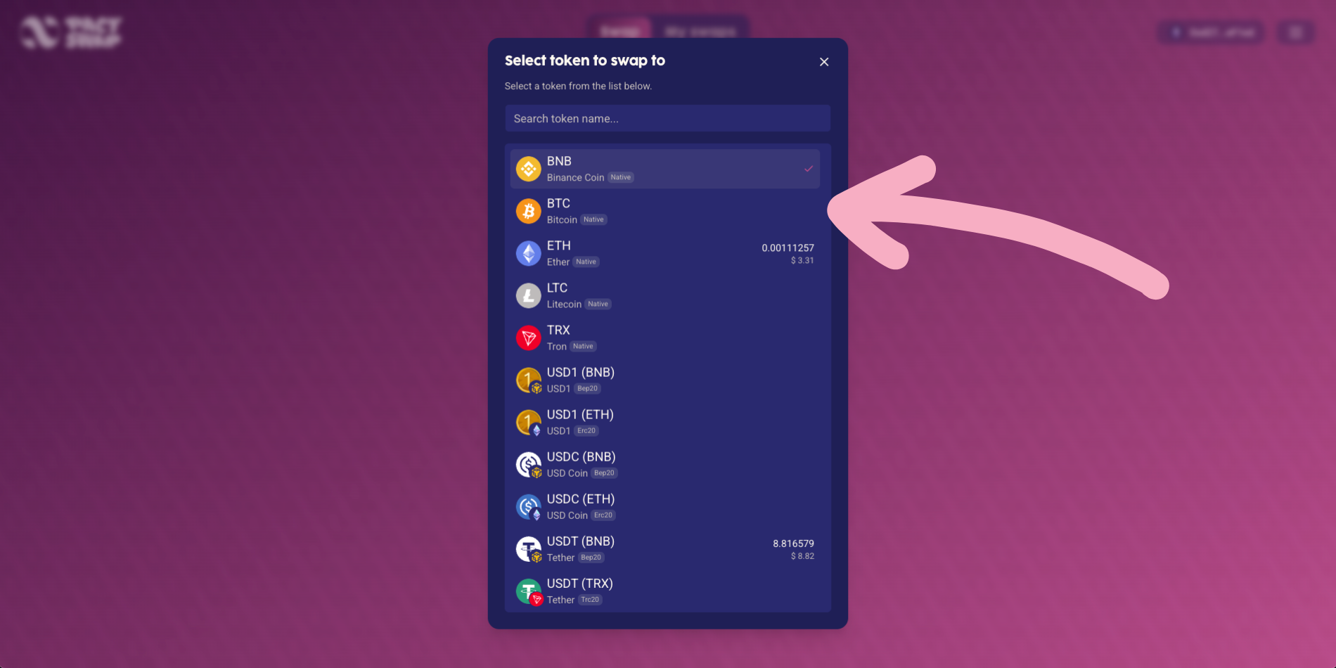 Select destination token from list